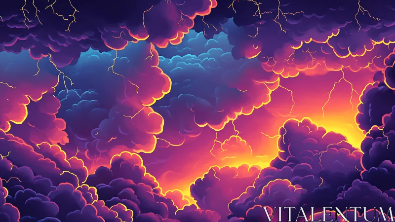 Layered storm clouds with lightning and gradient light.