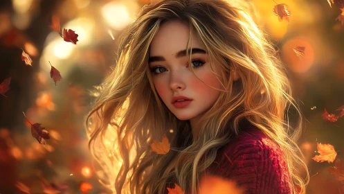 Blonde young woman in autumn leaves with warm sunlight glow.