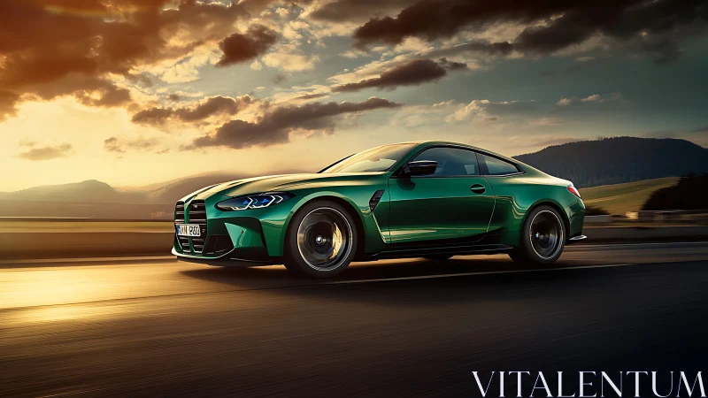 Emerald performance coupe slicing through sunset highway.