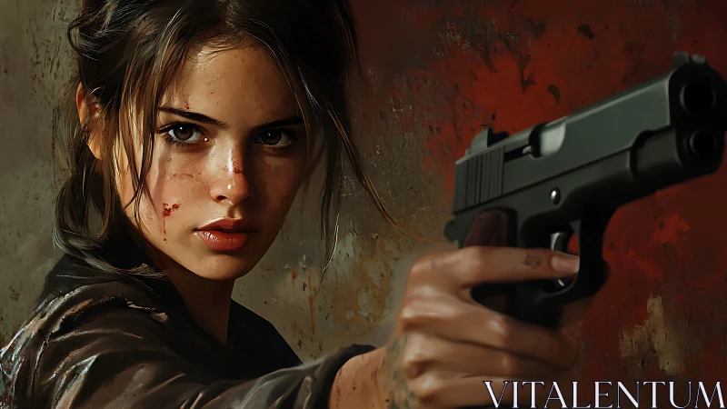 Determined young woman aiming pistol with fierce focus.