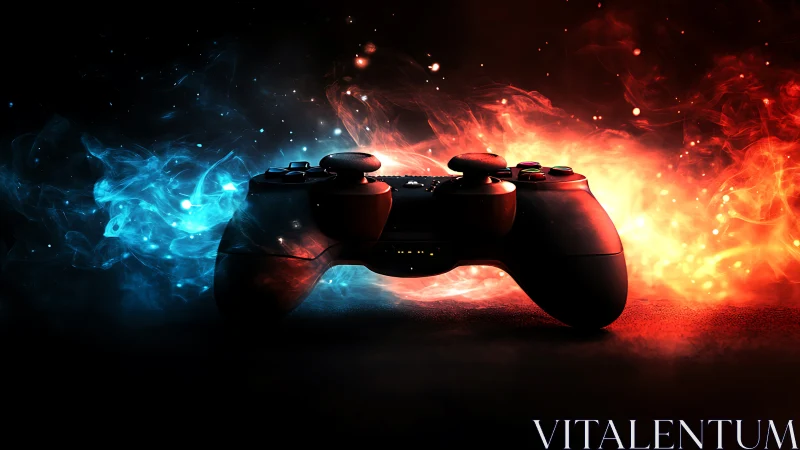 Game controller against blue and red elemental energy glow.