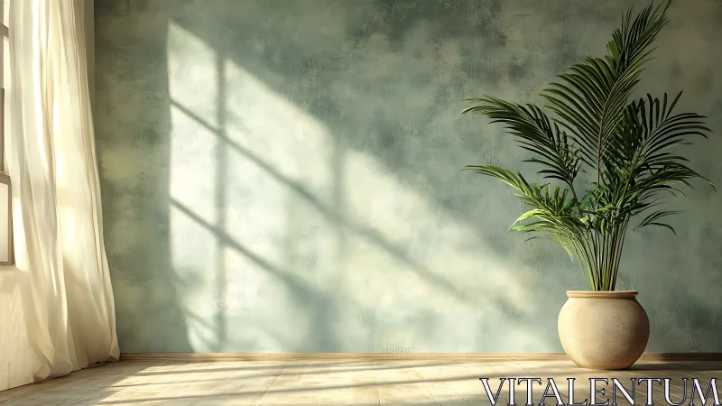 Sunlit potted palm stands near textured wall and window