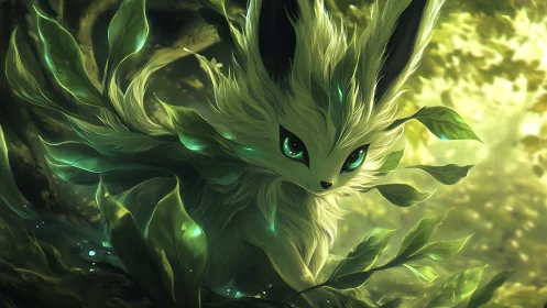 Forest spirit creature with bioluminescent leaves and eyes.