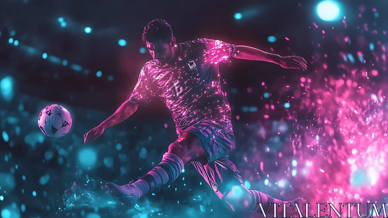 Digital soccer player kicking ball with neon light effects.