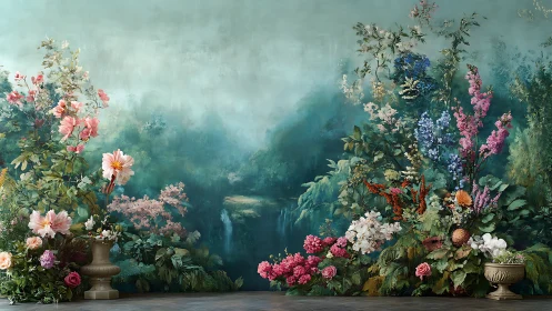 Lush floral still life before misty teal romantic landscape