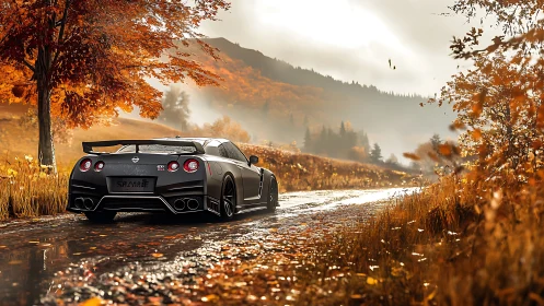 Sleek sports car cruises through golden autumn landscape.