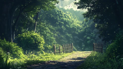 Luminous Forest Pathway with Volumetric Light Rendering and Atmospheric Depth