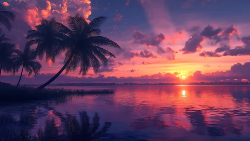 Digital painting seascape with palm silhouettes at neon sunset.