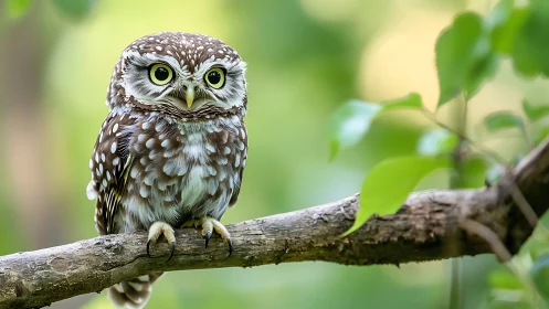 Spotted owl perched on tree branch in vibrant forest setting.