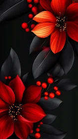 Digital floral composition featuring crimson blooms with luminous golden stamens against charcoal fo