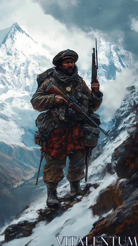 Mountain sentinel poised on snowy cliff with vintage rifles.