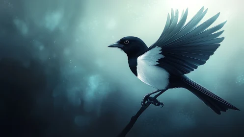 Elegant magpie perched on branch in dreamy blue-toned light.