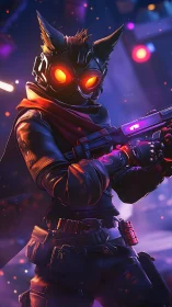 Cyberpunk fox mercenary stands ready in neon city haze