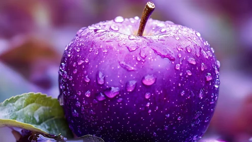 Mystic purple apple glowing with morning dew droplets.