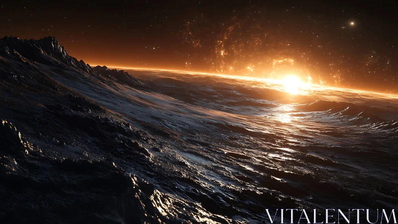 Solar tide rising over alien oceanic horizon at dawn.