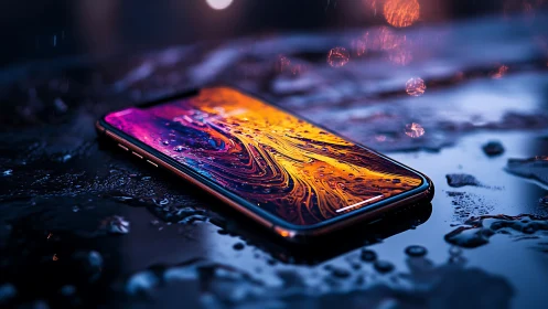 Photorealistic smartphone on wet surface with neon refractions.
