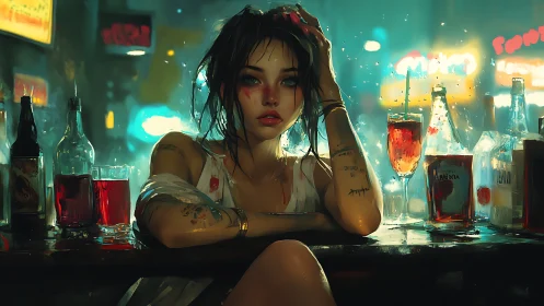 Neon bar portrait of pensive woman amid glowing bottles.