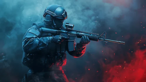 Tactical soldier with rifle in colored battlefield smoke.