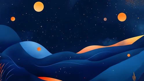 Midnight desert hills glow under scattered orange moons