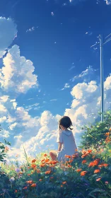 Quiet skyward daydream among wildflowers and summer clouds.