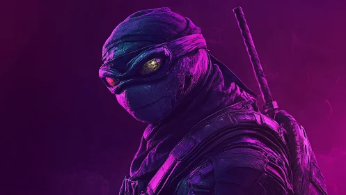Cyber ninja turtle warrior in neon purple glow portrait.