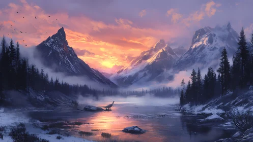 Golden winter sunrise paints a calm misty mountain valley