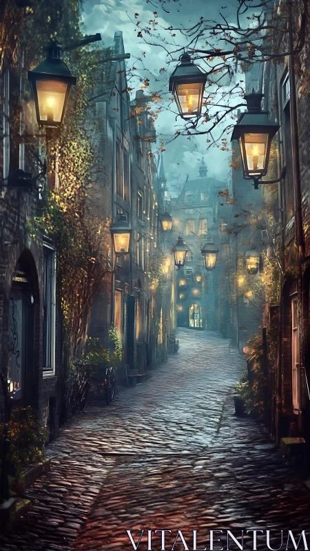 Foggy cobblestone alley glows with warm old-world lantern light