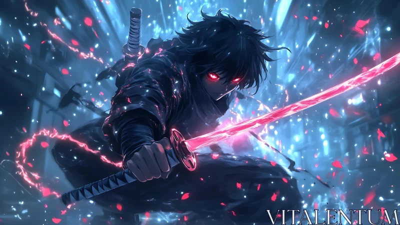 Neon-eyed swordsman unleashes crimson energy blade.