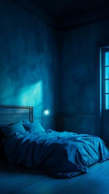 Soft blue bedroom rests in gentle moonlit nighttime calm