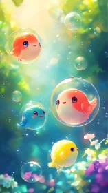 Colorful round birds floating inside bubbles in light.