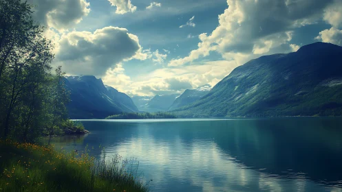 Serene alpine lake with reflective water and dramatic clouds.