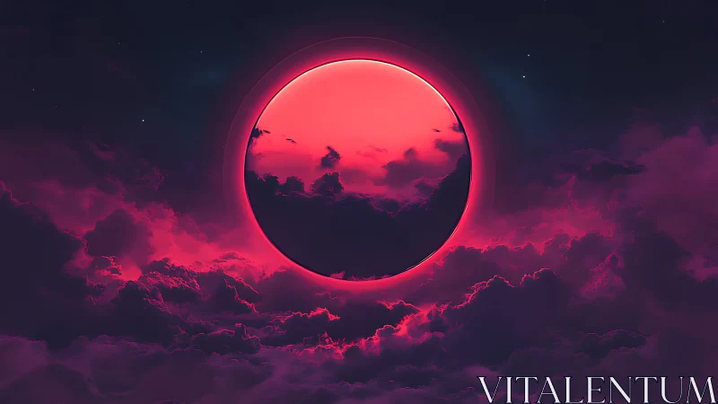 Red celestial disk above dark clouds in night sky.