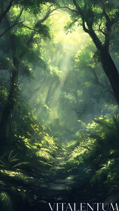 Luminescent Forest Passage: Digital Landscape with Atmospheric Depth.