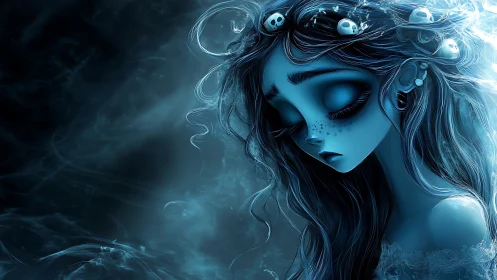 Melancholic blue-haired siren rendered in ethereal digital chiaroscuro