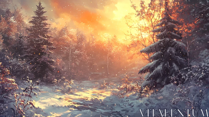 Winter forest glowing with soft sunrise and drifting snow.