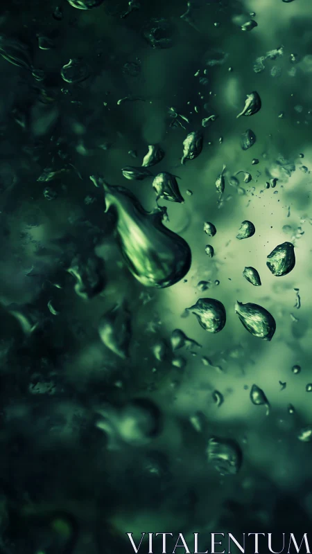 Emerald water droplets float through deep abstract haze.