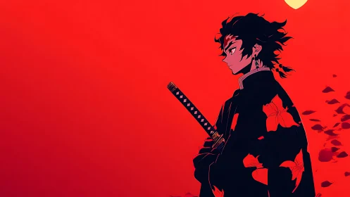 Samurai swordsman stands against vivid red sunset sky