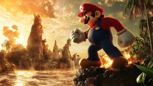 Colossal pixel hero marches toward a burning jungle citadel