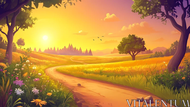 Golden rural path through summer fields at sunset light.