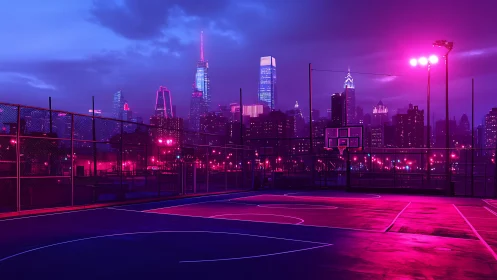 Neon-drenched city court glows beneath electric twilight skies.