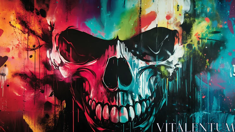 High-contrast neon skull mural with dynamic dripping spray paint