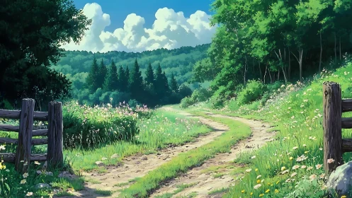 Sunlit country lane curves through lush summer meadow landscape