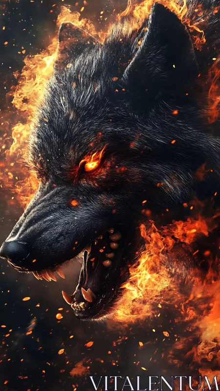 Blazing spirit wolf roaring through swirling embers.