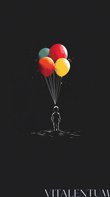 Child silhouette holding colorful balloons on black background.