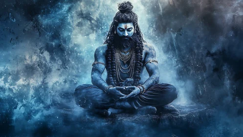Meditative blue deity in swirling cosmic mist digital art.