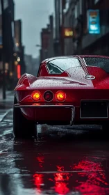 Rear view classic red coupe on wet city street at dusk