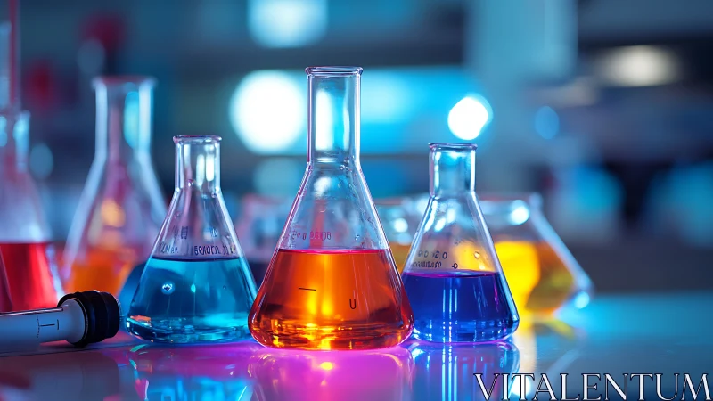 Colorful chemistry flasks glowing in soft laboratory light.