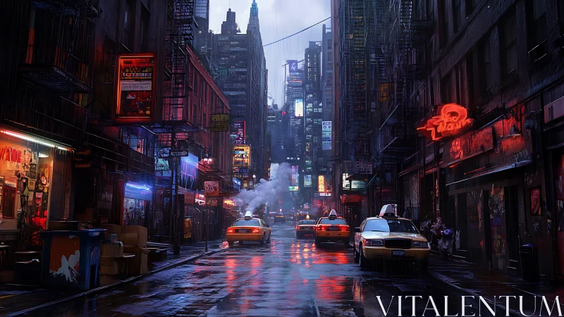 Rainy neon city street with yellow taxis at night.