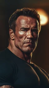 Intense muscular portrait under dramatic warm studio light