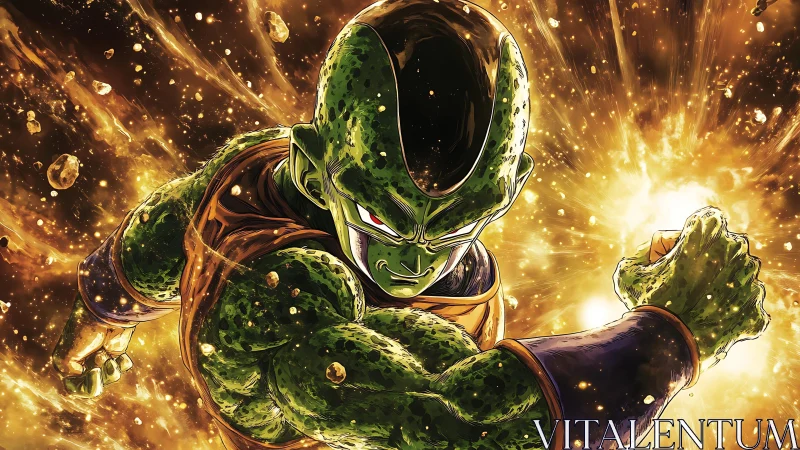 Green armored humanoid fighter amid explosive energy field.